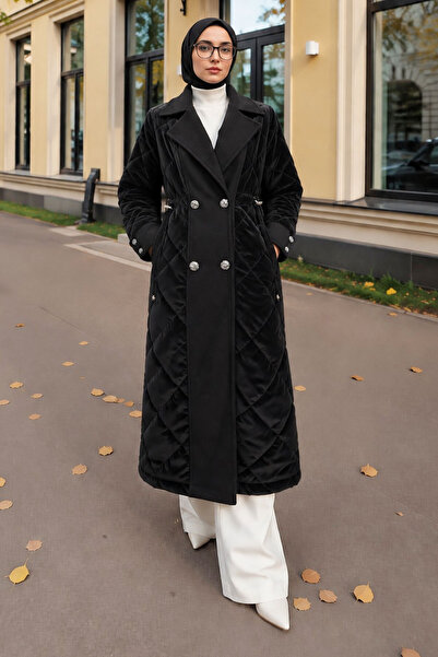 Tesettür Dünyası Nova Coat with Embroidered Front Detail Tsd260345 Black