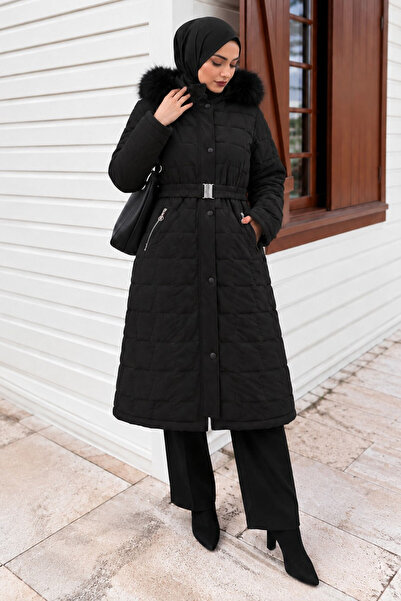 Tesettür Dünyası Palton Nova cu model geometric și capse TSD260307 Negru