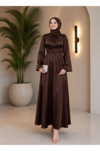 STYLE NİŞANTAŞI Satin Hijab Evening Dress Belted Spanish Sleeve Long Maxi Dress Bitter Coffee