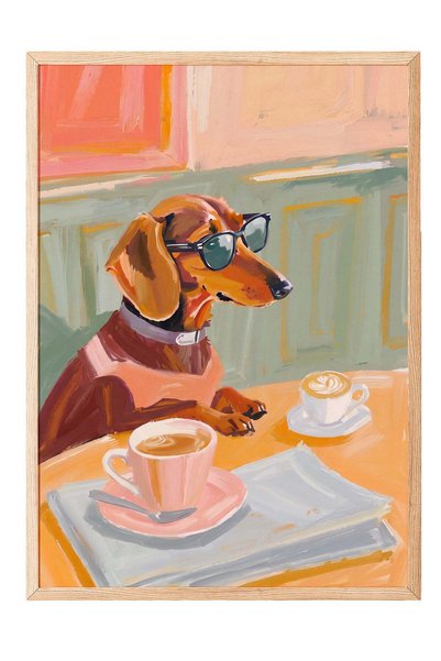 Postifull Poster cu un câine care bea cafea cu ochelari – Tablou în ramă de l...