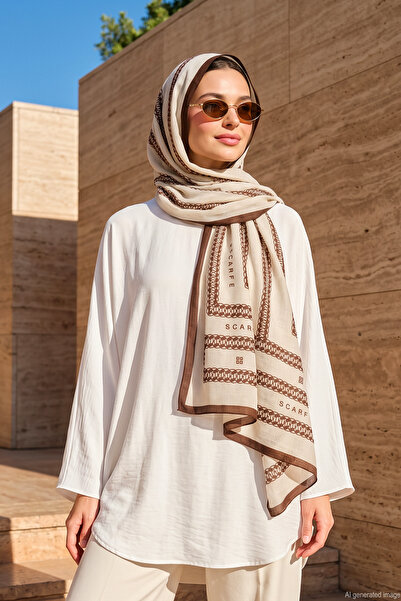 REMSA Women's Chain Frame Patterned 80X180 cm Imported Shawl 3002 Brown