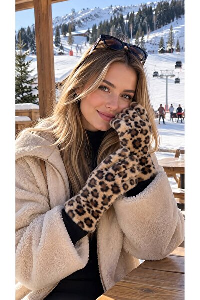 BALIENTE Beige Leopard Patterned Plush Fur Women's Gloves