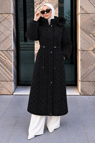 Tesettür Dünyası Nova Coat with Hidden Zipper and Waist Tunnel Tsd260306 Black