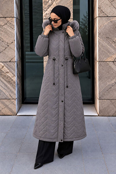 Tesettür Dünyası Nova Coat with Hidden Zipper and Waist Tunnel Tsd260306 Gray