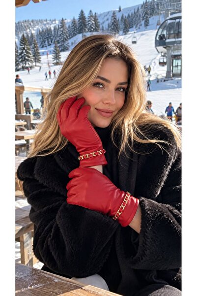 BALIENTE Faux Leather Women's Gloves with Red Chain Accessory Detail