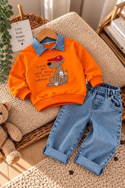 Minigimin Cicileri Dogs Baby Boy Suit with Detachable Collar Detail - Orange