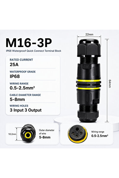 Choice M16-3P 5-8mm IP68 Waterproof Connector X Y T Type 3 Way Cable Wire Jun...