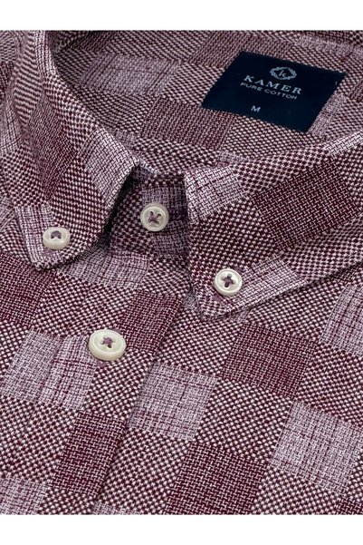 KAMER Regular Fit Long Sleeve 100% Cotton Buttoned Collar Patterned Burgundy Shirt 3811R