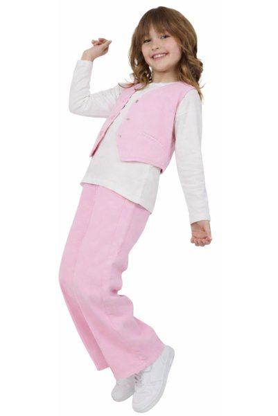 İrem Çocuk Giyim Girl's Pink Color Vest Blouse and Wide-Legged Trousers Three...