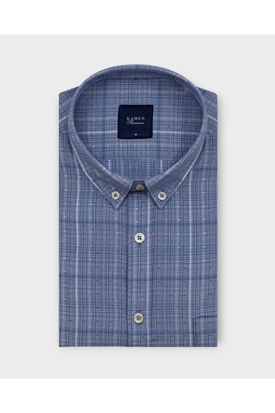 KAMER Regular Fit Long Sleeve Buttoned Collar Dot Patterned Blue Shirt 3896m