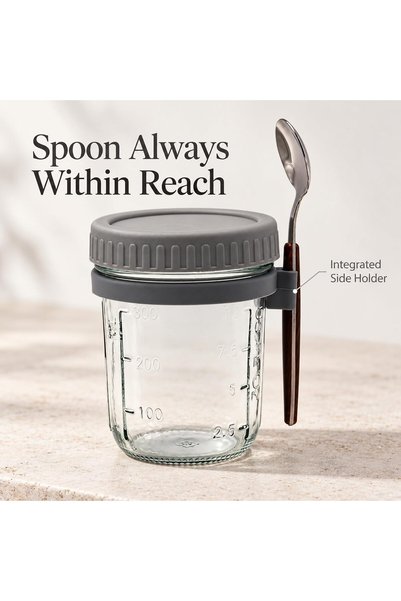 Cuisine Art 475 ml Overnight Oats Jar with Lid & Spoon, Reusable Glass Oatmeal Container