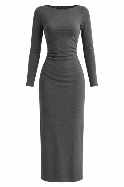 Laluvia Anthrazitfarbenes, seitlich gerafftes langes Kleid - 2y261004