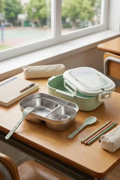 İronika 2-Compartment Stainless Steel Lunch Box with Spoon and Fork, Lunch Box, Lunch Container, Green