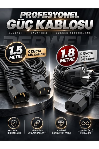 Derwell 2'li Güç Kablosu Seti 1.5 Metre C13 C14 Erkek Dişi Uzatma Kablosu ve 1.8 Metre Topraklı Fişli C13 Güç Kablosu, Bilgisayar Monitör UPS PDU Uyumlu, Dayanıklı Siyah Bağlantı Kablosu 2 Parça