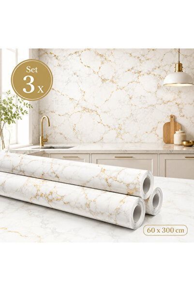 OEM Set de 3 tapet decorativ cu aspect de marmură și inserții aurii, 60 x 300...