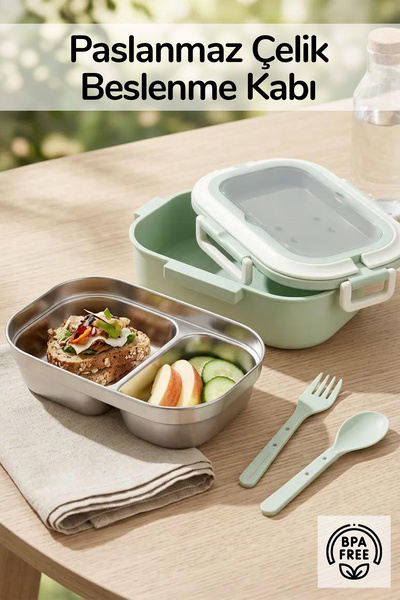 İronika 2-Compartment Stainless Steel Lunch Box with Spoon and Fork, Lunch Bo...