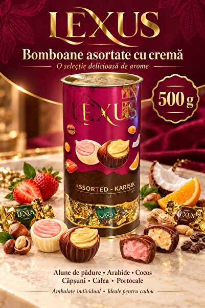 Lexus – Bomboane asortate cu cremă, ambalate individual, în cutie cilindrică ...