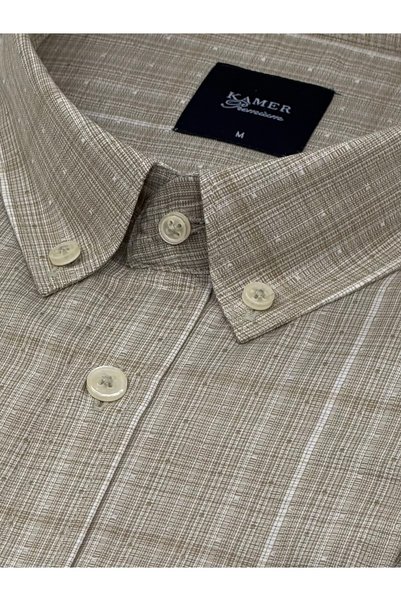 KAMER Regular Fit Long Sleeve Buttoned Collar Dot Pattern Beige Shirt 3896E
