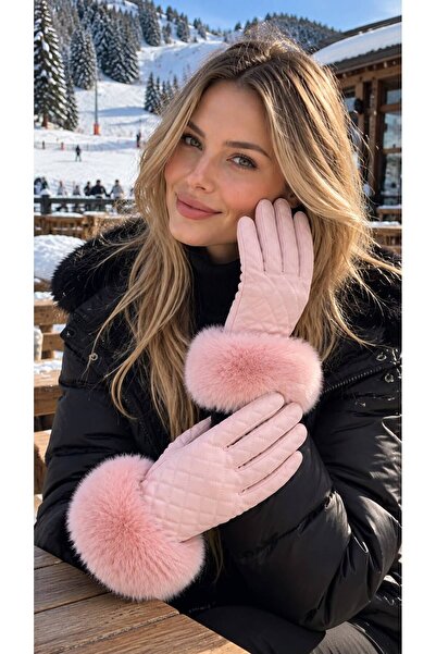 BALIENTE Powdered Ankle Fur Quilted Detailed Faux Leather Women's Gloves