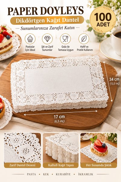 Genel Markalar 100 Adet Dikdörtgen Kağıt Dantel Pasta Altlığı – 17x34 cm Deko...