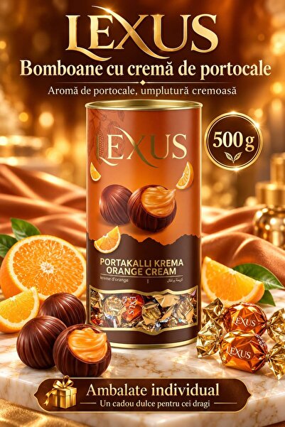 Lexus – Bomboane cu cremă de portocale, ambalate individual, cutie cilindrică...