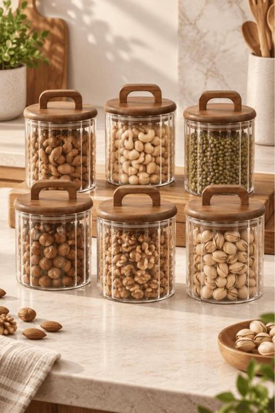 Atbyhome 6'lı Akasya Kulplu Çizgili Cam Erzak Kavanozu 650 ml - Vakumlu Baharat Ve Kuruyemiş Saklama Kabı Seti