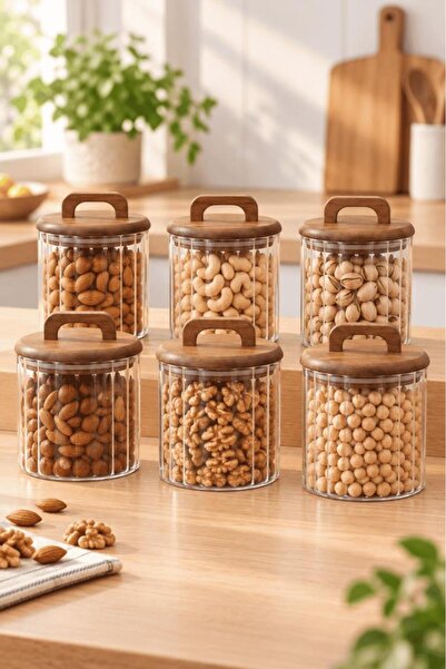 Atbyhome 6'lı Akasya Kulplu Çizgili Cam Erzak Kavanozu 650 ml - Vakumlu Baharat Ve Kuruyemiş Saklama Kabı Seti