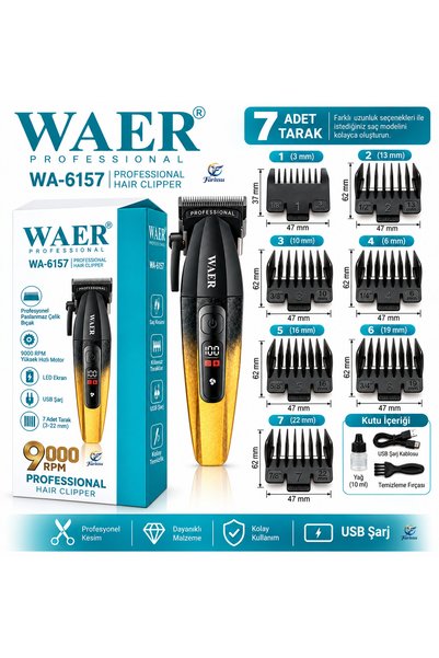 farissu WAER WA-6157 Profesyonel Saç Kesme Makinesi 9000 RPM 7 Taraklı