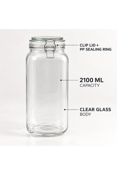 Cuisine Art Glass Storage Jar with Clip Lid 2100 ml, Clear Glass Food Container with PP Sealing Ring