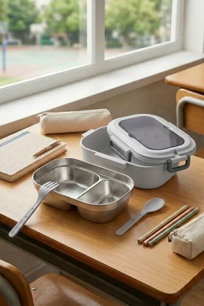 İronika 2-Compartment Stainless Steel Lunch Box with Spoon and Fork, Lunch Box, Lunch Container, Gray