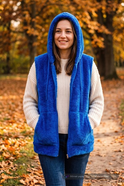 Azıcık Akıllı Women's Saks Plush Soft Zippered Hooded Vest 22Kylkpelo