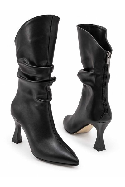 solebydilhan Women's Black Pointed Toe Thick Heeled Long Boots