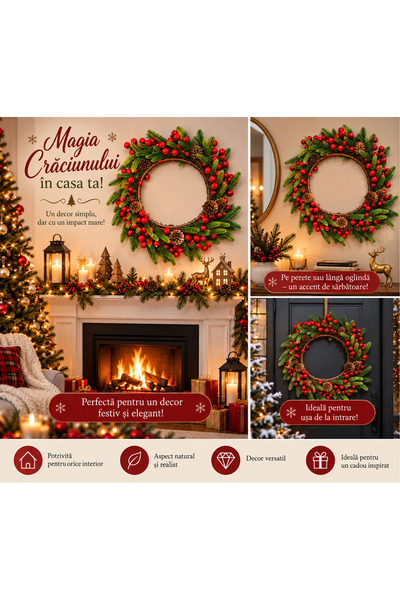 Generic Brand Decorative Christmas wreath, with green twigs, red berries and ...
