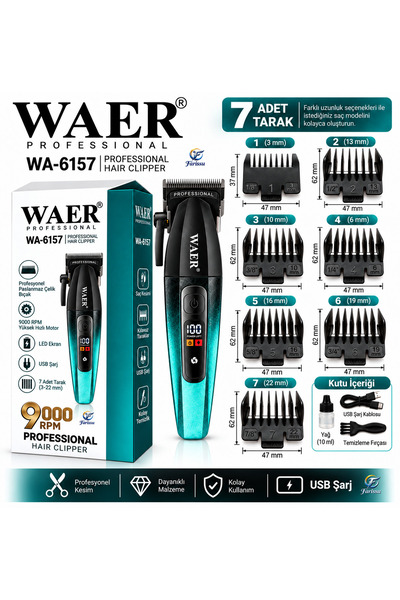 farissu WAER WA-6157 Profesyonel Saç Kesme Makinesi 9000 RPM 7 Taraklı Mavi