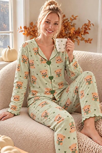 rindahomewear Luxury Suede Patterned Long Sleeve Women's Pajama Set