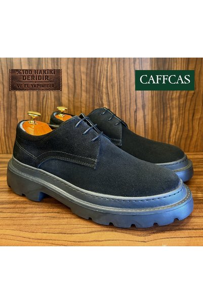 Caffcas Hakiki Deri Siyah Süet El Yapımı Klasik Günlük Oxford Kalın Taban Erk...