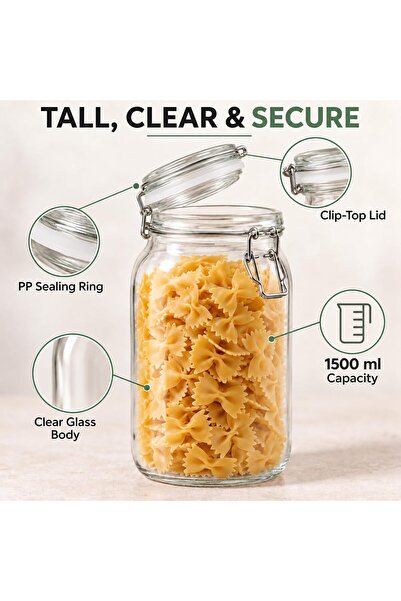 Cuisine Art Glass Storage Jar with Clip Lid 1500 ml, Clear Glass Food Container with PP Sealing Ring