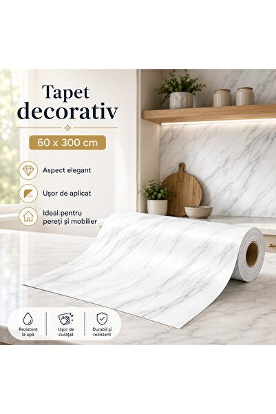OEM Tapet decorativ alb cu model de marmură fină, 60 x 300 cm, rezistent la a...