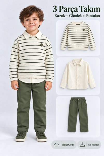 AHENGİM Boy's 3-Piece Set Striped Knitwear Sweater Shirt and Pants Ak26278