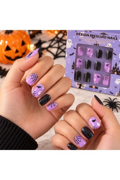 DD SHOP Unghii false autoadezive Halloween, mov si negre cu lilieci si fantom...