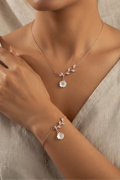 İncikcincik 925 Ayar Gümüş Zarif Lotus Kolye Bileklik Set