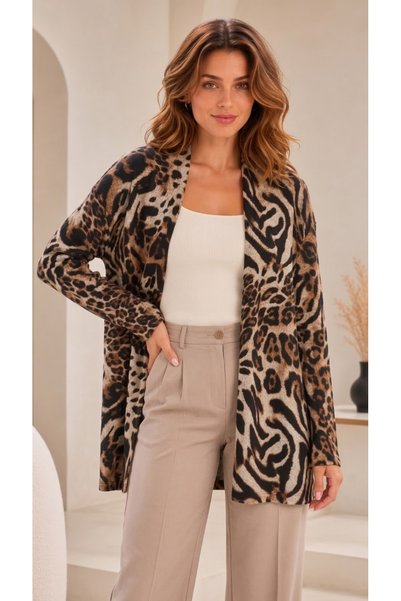 peralist Women's Leopard Patterned Viscose Soft Fabric Cardigan