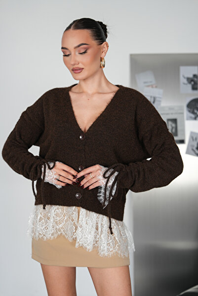 Moda Palmiss Cardigan de damă cu dantelă, cu decolteu în V și șireturi