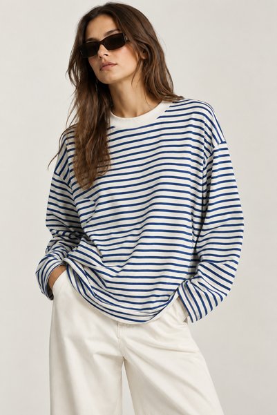Kira By Simple Kadın Lacivert Çizgili Viskon Oversize Sail Bluz