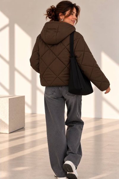 bb butik basic Women's Hooded Diamond Patterned Zippered Puffer Coat My3535