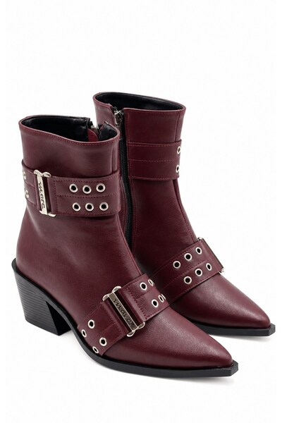 İX Marc Women's Burgundy Block Heeled Boots with Buckle Detail 6.5 cm Heel