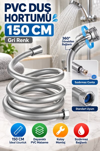 OpenCity 150 Cm Gri PVC Duş Hortumu Esnek Banyo Duş Başlığı Hortumu Metal Bağlantılı Pratik Kullanım Tek Adet