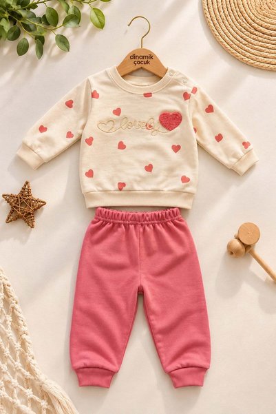 dinamik çocuk Baby girl heart patterned lovely embroidered 2-piece bottom top...