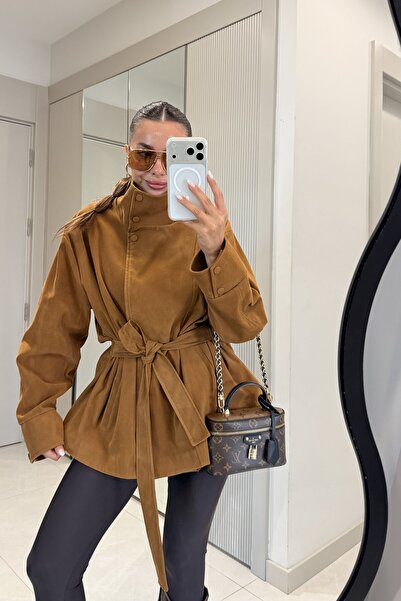 Gizem Ecemiş Marlene Taba Dik Yaka Kuşaklı Süet Ceket