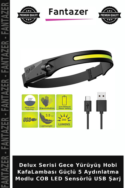Fantazer Delux Serisi Gece Yürüyüş Hobi KafaLambası Güçlü 5 Aydınlatma Modlu COB LED Sensörlü USB Şarj